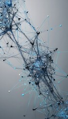 Aufkleber - a complex network of interconnected lines and spheres, in shades of blue and gray, creating a visually striking abstract pattern
