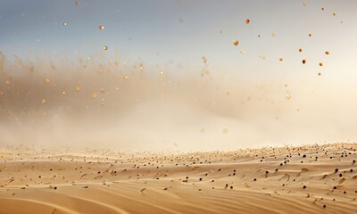 Aufkleber - A desert landscape with sand dunes and scattered small orange and yellow spheres, captured in a hazy, atmospheric lighting.