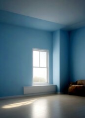 Poster - A serene, minimalist room with a light blue wall, a white window, and a beige sofa against the wall, bathed in soft light