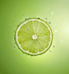 Poster - A slice of lime with water droplets and a blurred green background