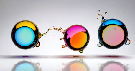 Poster - Three spherical objects, each with a distinct color gradient, float in a still body of water, creating a visually striking and dynamic scene