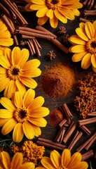 A vibrant arrangement of yellow daisy flowers, cinnamon sticks, and star anise on a dark wooden surface