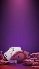 Poster - A stack of poker chips with two playing cards, one of which is aces, against a purple gradient background