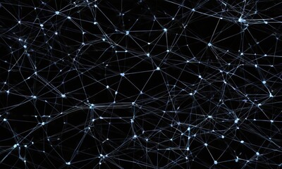 Poster - a complex network of interconnected lines and dots, resembling a digital or technological network The lines and dots are arranged in a grid-like pattern,