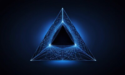Poster - A digital illustration triangular prism with a network of lines and glowing blue lights emanating from the center, set against a dark blue background