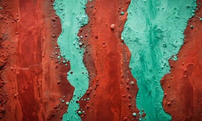Poster - a close-up view textured surface with a striking contrast between red and green colors The red section appears to be a reddish-brown material, while the green section is