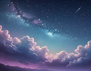 Fototapete - A night sky filled with stars and a shooting star, with a colorful cloud formation in the foreground and a mountainous landscape in the background