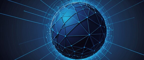 Poster - A sphere with a network of lines and dots surrounding it, set against a dark blue background with a gradient effect