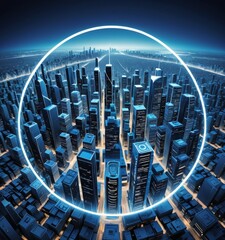 Fototapete - A futuristic cityscape with a glowing ring encircling the skyline, featuring a mix of tall buildings and skyscrapers illuminated by a blue light