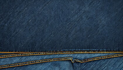 A close-up view pair of blue jeans, with the waistband and legs visible, and a diagonal line running across the top of the jeans