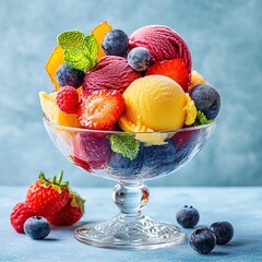 Wall Mural - fruit ice cream scoops with fresh berries and peach description: a bowl of colorful fruit ice cream 