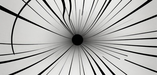 Fototapete - a black and white abstract composition featuring a central black circle surrounded by radiating lines, creating a sense of depth and movement