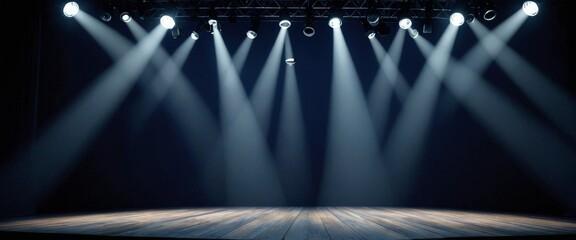 Poster - A dimly lit stage with a wooden floor and a dark background, illuminated by a series of spotlights arranged in a grid pattern
