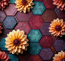 Aufkleber - A vibrant floral arrangement featuring a variety of dahlias in shades of yellow, orange, and pink, set against a backdrop of hexagonal tiles in shades of red, blue, and purple