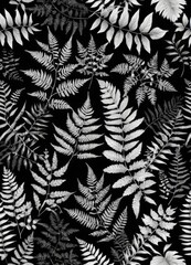 Poster - A monochromatic featuring a dense pattern of ferns and leaves against a black background
