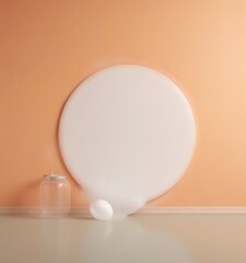 Poster - A white egg rests on a white surface, with a clear jar and a white circle with a black rim positioned to the left The background features a peach-colored wall, creating a