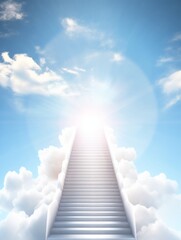 Wall Mural - heavenly stairway leading into a bright blue sky filled with fluffy white clouds and radiant sunligh