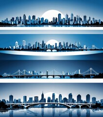 Poster - A series of three panels depicting the skyline large city, with bridges and skyscrapers in the foreground and a large moon in the background