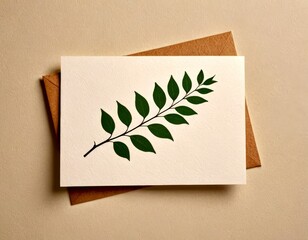 Leinwandbilder - A greeting card with a leaf illustration on a white background, placed on top brown envelope