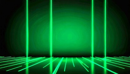 Poster - a dark green background with three vertical green lines, creating a sense of depth and perspective The lines are arranged in a staggered pattern, with