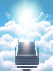 Wall Mural - heavenly stairway leading into a bright blue sky filled with fluffy white clouds and radiant sunligh