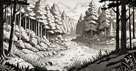 Leinwandbilder - A black and white illustration depicting a serene forest landscape with a winding river, tall trees, and a cloudy sky