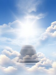 Wall Mural - heavenly stairway leading into a bright blue sky filled with fluffy white clouds and radiant sunligh