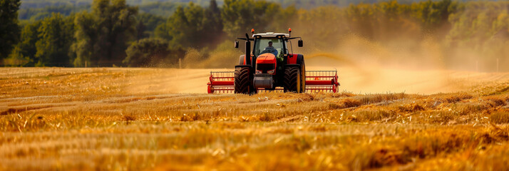 a farmer harvests ripe grain in a large field with a tractor