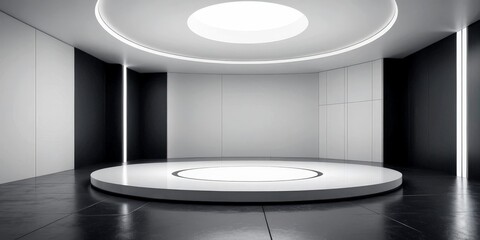 Leinwandbilder - A minimalist, circular stage with a white floor and a circular light at the top, set against a stark black and white background