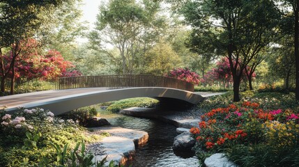 A modern pedestrian bridge, crossing a narrow stream in a park, surrounded by trees and vibrant flowers