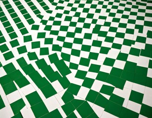 Poster - a close-up view pattern of green and white squares, with some squares appearing to be slightly tilted or distorted, creating a sense of movement and dynamism