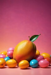 Poster - A vibrant still life composition featuring a large mango with a green leaf, surrounded by a variety of colorful eggs and oranges against a pink background