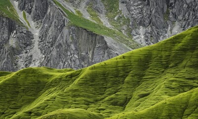 Poster - a mountainous landscape with a vibrant green moss-covered slope in the foreground and a rugged, gray rocky cliff face in the background