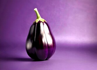 Aufkleber - A single, glossy purple eggplant stands out against a deep purple background, its stem pointing upwards