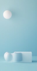 Poster - A minimalist scene with a white sphere and a white cube against a light blue background