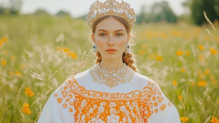 Cultural elegance: russian women in hand-dyed dresses amidst natural beauty