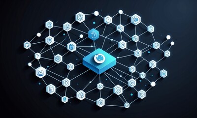 Poster - A complex network of interconnected hexagonal icons, each representing a different application or service, is displayed against a dark background