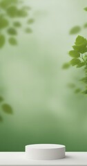 Poster - A white pedestal stands against a blurred green background, with a branch of green leaves visible on the right side