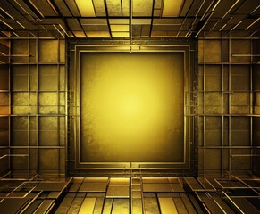 Leinwandbilder - a golden geometric pattern, featuring a square frame with a blank center, surrounded by a grid-like structure of intersecting lines and rectangles