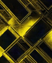 Poster - a digital illustration featuring a complex pattern of intersecting lines and rectangles in shades of yellow and black, creating a visually striking and