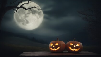 Aufkleber - Two jack-o'-lanterns with carved faces sit on a wooden surface, with a full moon and a bare tree in the background