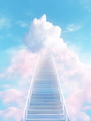 Wall Mural - heavenly stairway leading into a bright blue sky filled with fluffy white clouds and radiant sunligh