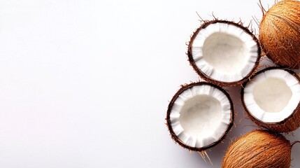 Coconuts cut in half, displaying fresh white flesh, on a white isolated background.