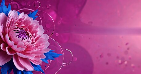 Aufkleber - A vibrant pink peony flower with blue petals is set against a purple background with bubbles, creating a visually striking and abstract composition.