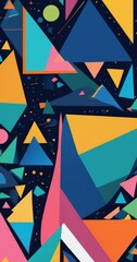 Poster - a vibrant abstract composition of overlapping triangles in various colors, including blue, orange, pink, and yellow, against a dark background with scattered stars