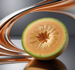 Aufkleber - A halved melon with a vibrant green rind and a golden interior rests on a reflective surface, with a swirling pattern of orange and white lines in the background