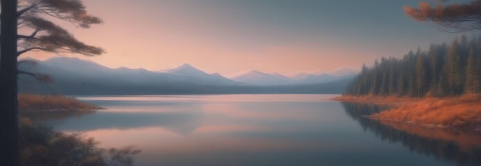 Poster - A serene landscape with a calm lake reflecting the warm hues sunset, surrounded by a forest and majestic mountains in the distance