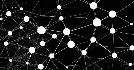 Poster - a black and white abstract composition of interconnected lines and dots, resembling a network of interconnected nodes or points