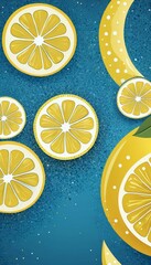 Poster - a collection of lemon slices arranged in a circular pattern against a blue background with white polka dots