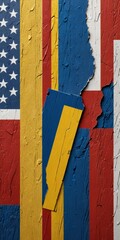 Poster - a vibrant, abstract composition of overlapping flag patterns, with a yellow and blue flag-like shape in the center